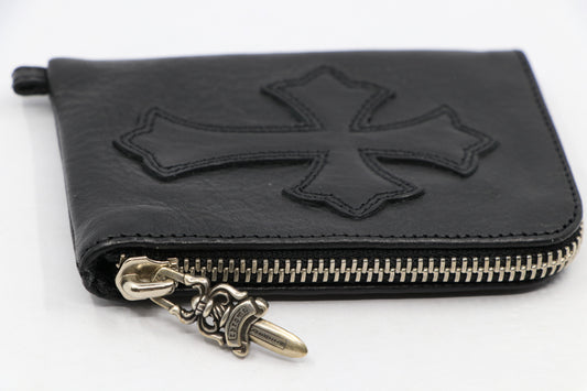 Chrome Hearts Black Leather Cross Patch Silver Scroll Label Zipper Wallet| AVNTGRDNY NYC