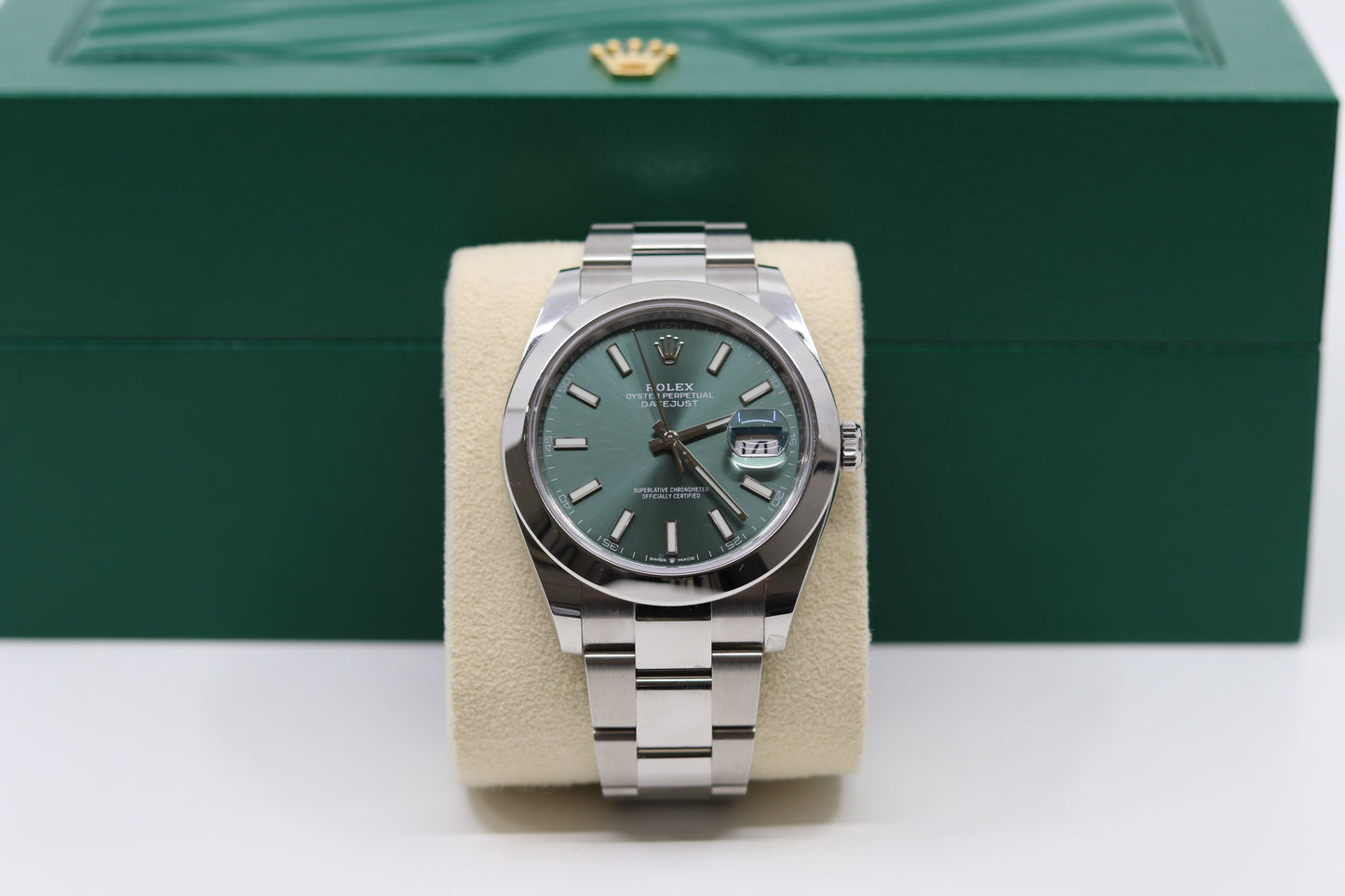 Rolex Date Just 41mm Stainless Steel Mint Green Index Dial Smooth Bezel Oyster Bracelet 126300