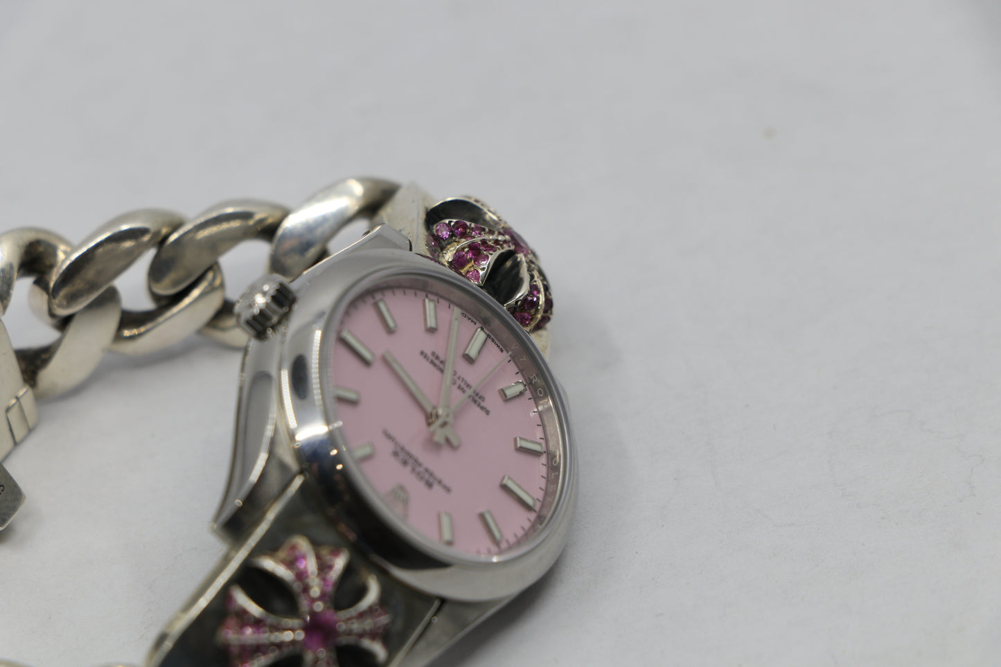 Rolex Oyster Perpetual Pink Dial on Chrome Hearts .925 Sterling Silver Classic Link CH Plus Band with Pavé Pink Sapphires | AVNTGRDNY NYC
