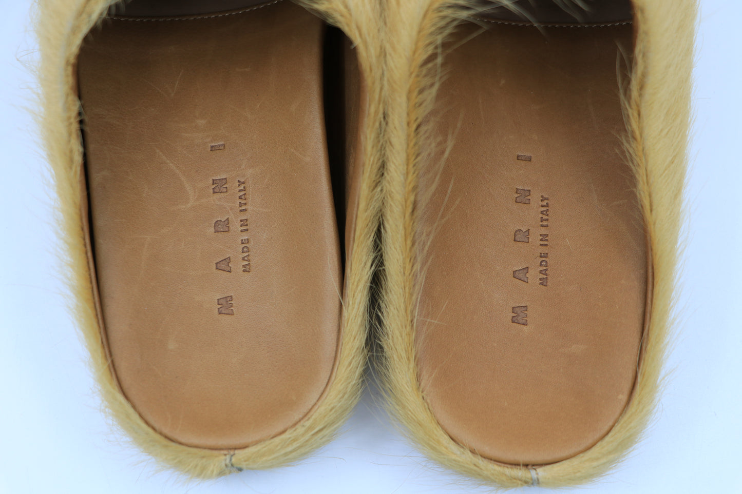 Marni Fussbett Long Hair Calfskin Sabot In Soft Beige Size 38