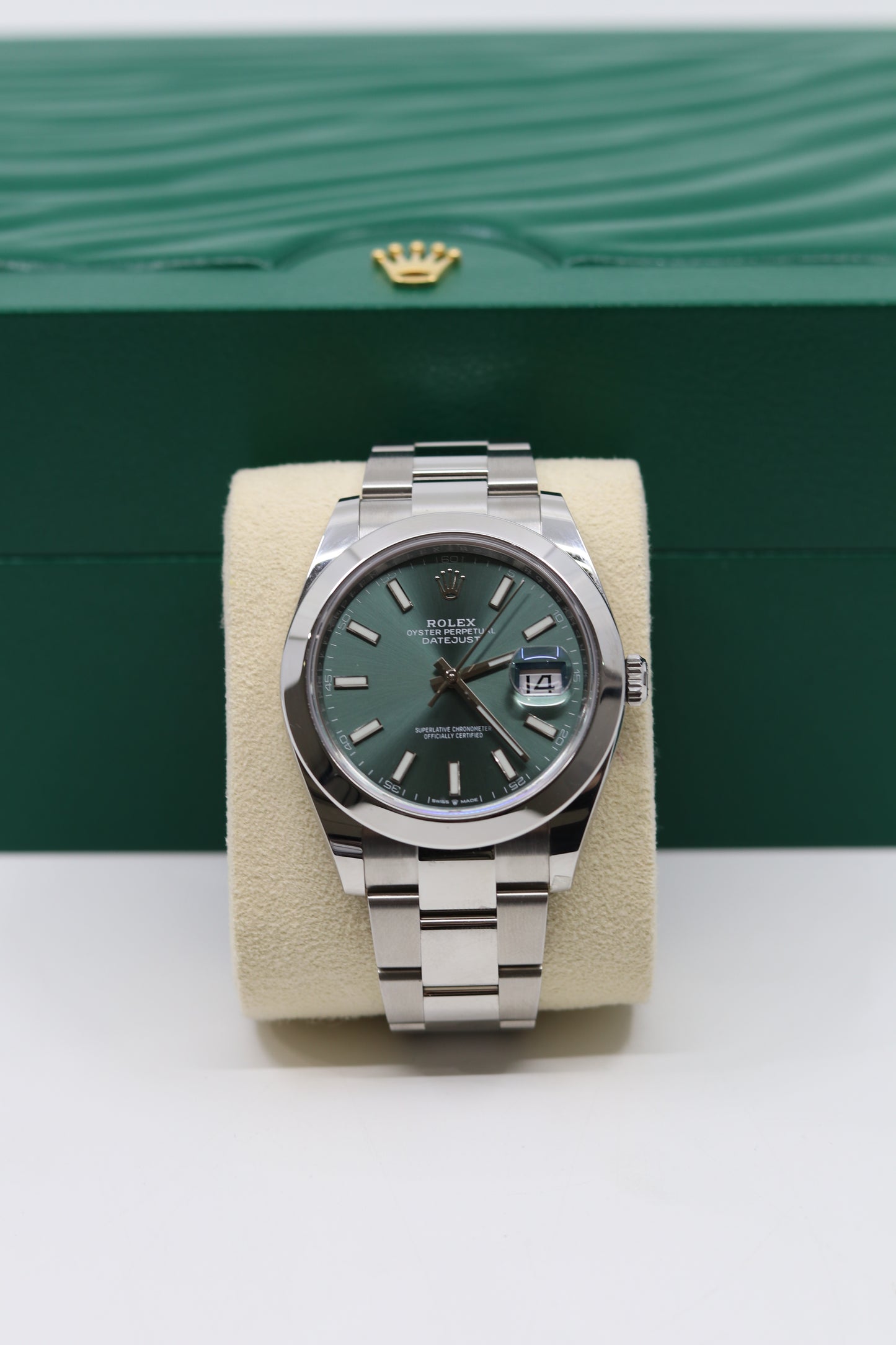 Rolex Date Just 41mm Stainless Steel Mint Green Index Dial Smooth Bezel Oyster Bracelet 126300