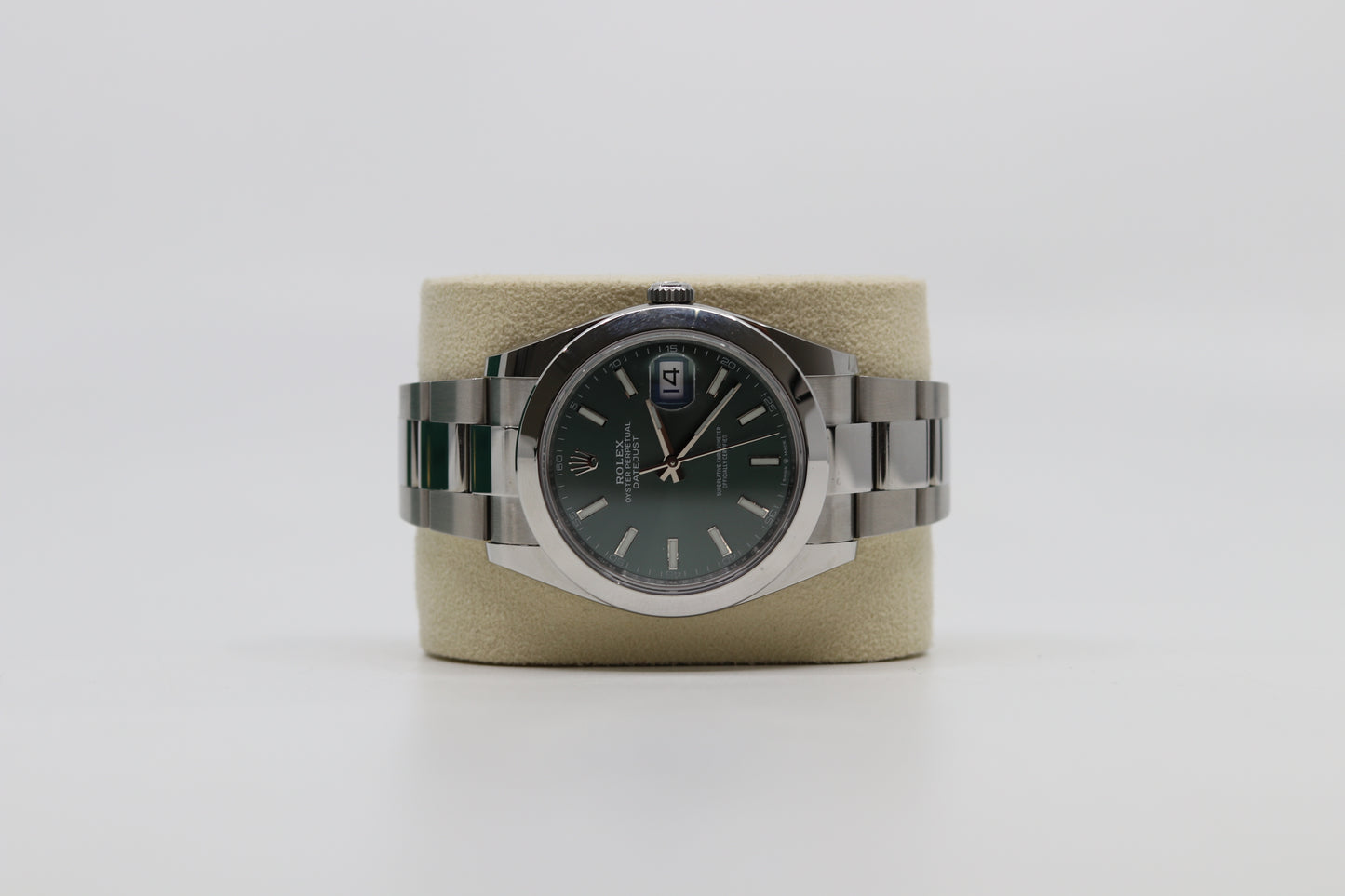 Rolex Date Just 41mm Stainless Steel Mint Green Index Dial Smooth Bezel Oyster Bracelet 126300