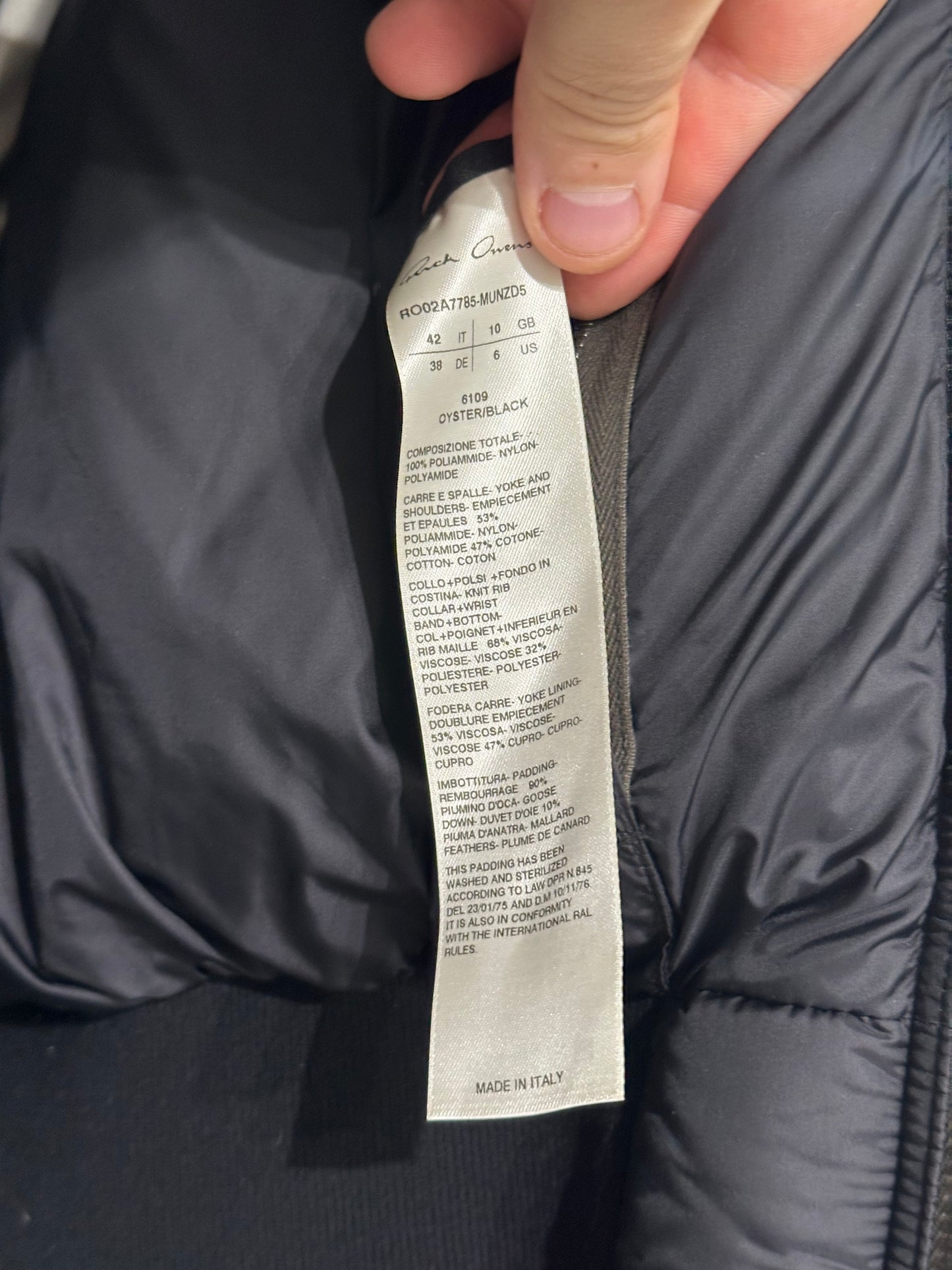 Rick Owens Gethsemane Colorblock Puffer Bomber Jacket Size 42IT