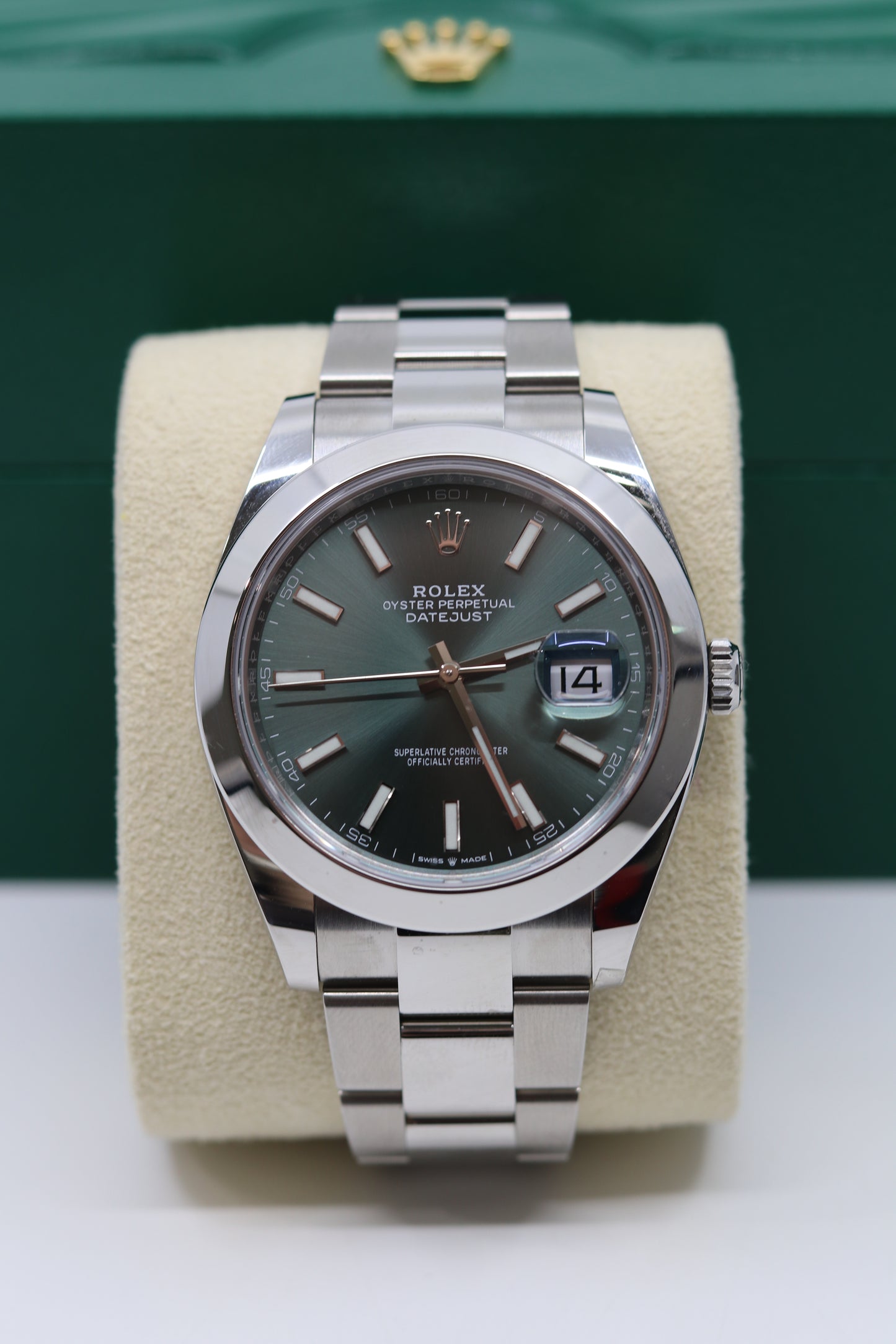 Rolex Date Just 41mm Stainless Steel Mint Green Index Dial Smooth Bezel Oyster Bracelet 126300