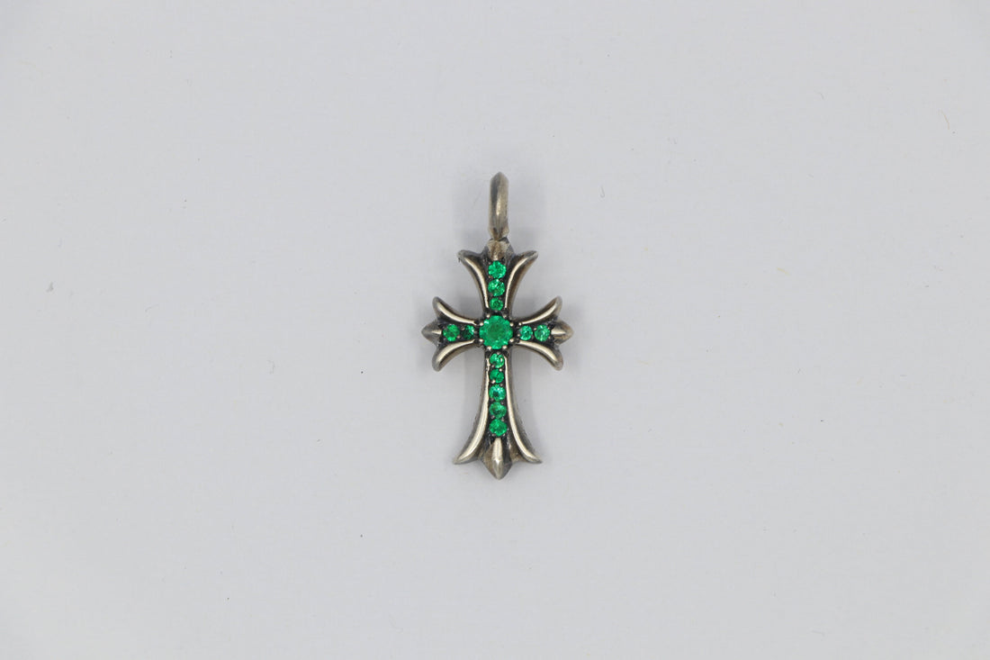 Chrome Hearts Silver Tiny Fat Cross with Factory Set Emeralds: One of the Hardest Pendants to Find