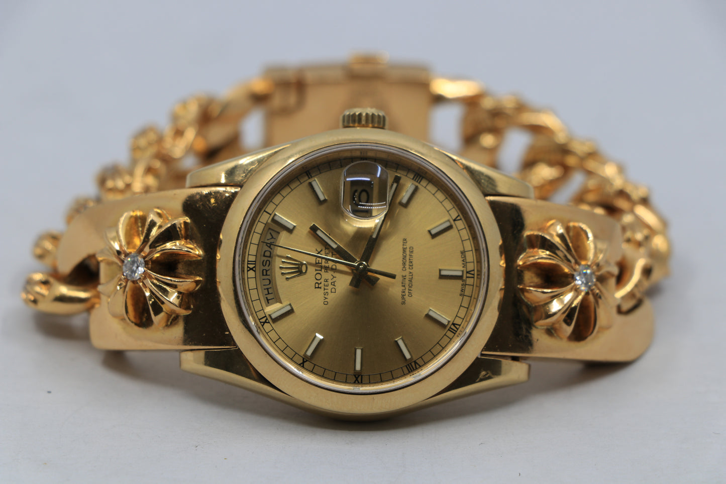 Rolex Day-Date on 22K Gold Chrome Hearts Extra Fancy Link Bracelet with Pavé Diamonds | AVNTGRDNY NYC