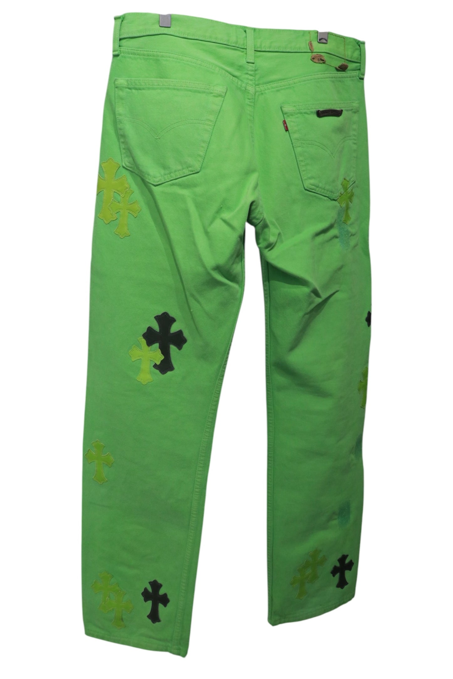 Chrome Hearts Matty Boy Sex Records Cross Patch Jeans Size 32 Neon Green Pre-Owned | AVNTGRDNY NYC