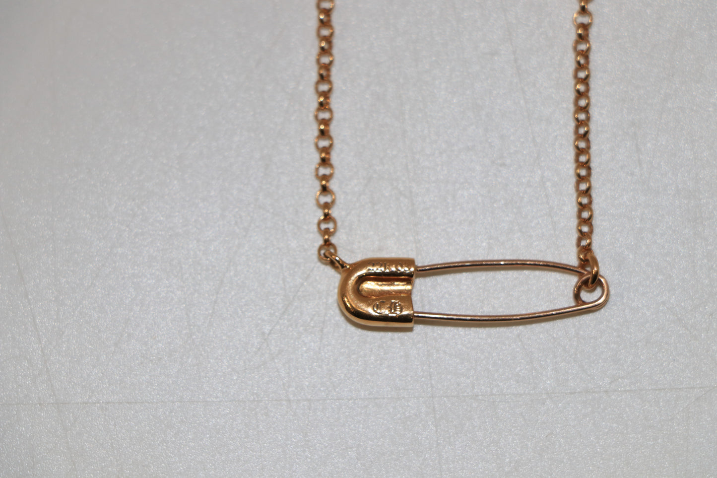Chrome Hearts 22K Gold Safety Pin Necklace with Single Diamond on 18 Inch Roll Chain