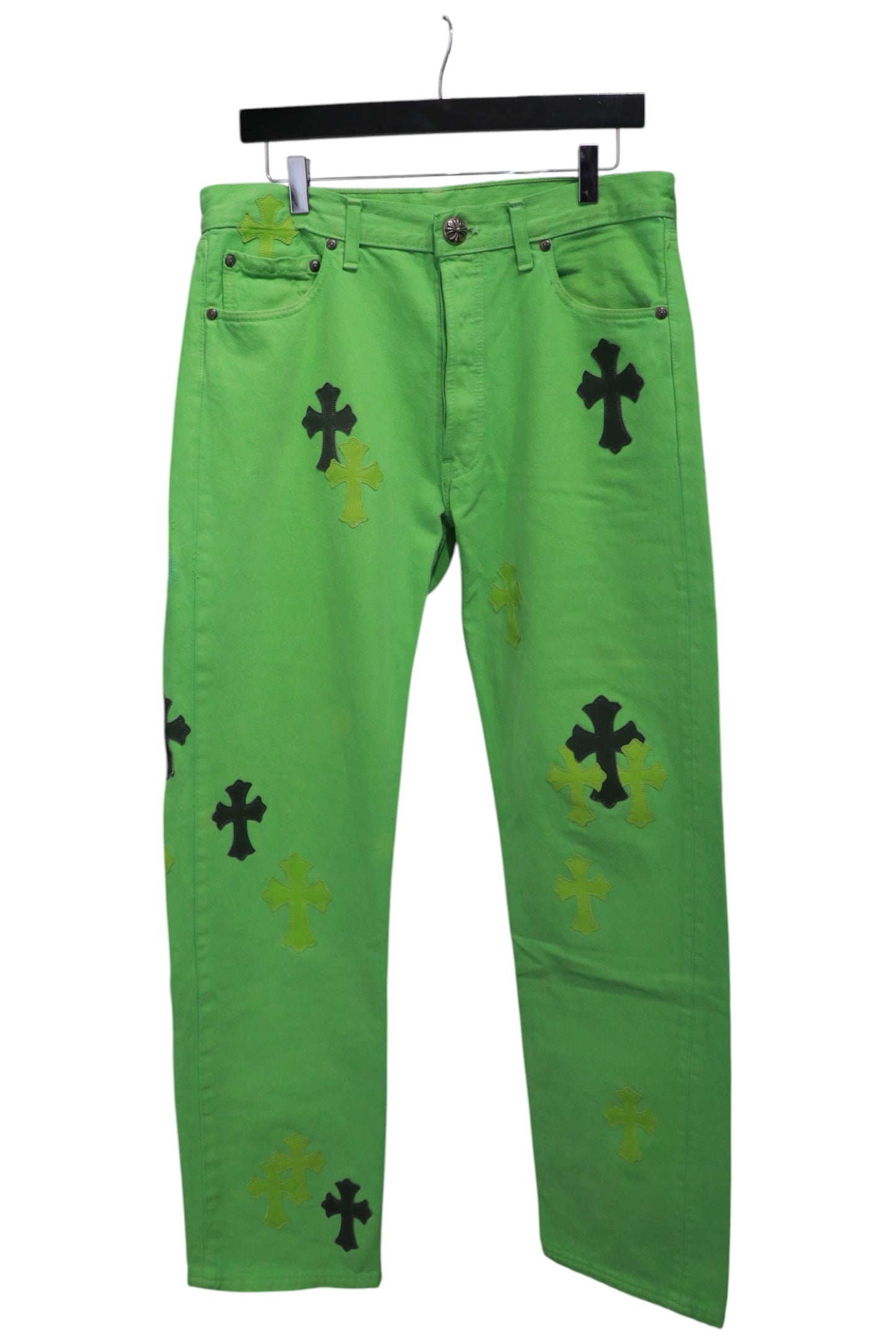 Chrome Hearts Matty Boy Sex Records Cross Patch Jeans Size 32 Neon Green Pre-Owned | AVNTGRDNY NYC