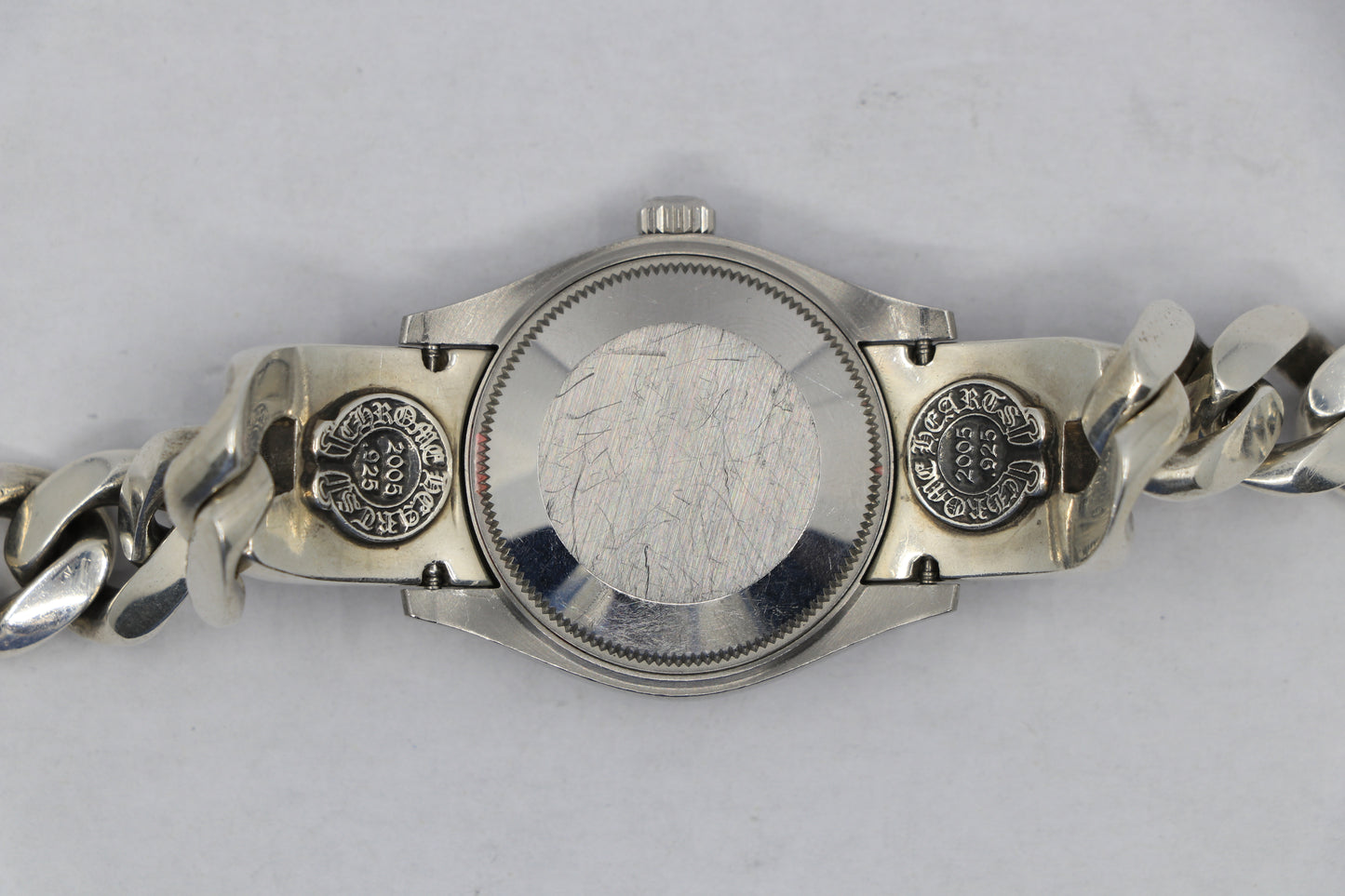 Rolex Oyster Perpetual Pink Dial on Chrome Hearts .925 Sterling Silver Classic Link CH Plus Band with Pavé Pink Sapphires | AVNTGRDNY NYC
