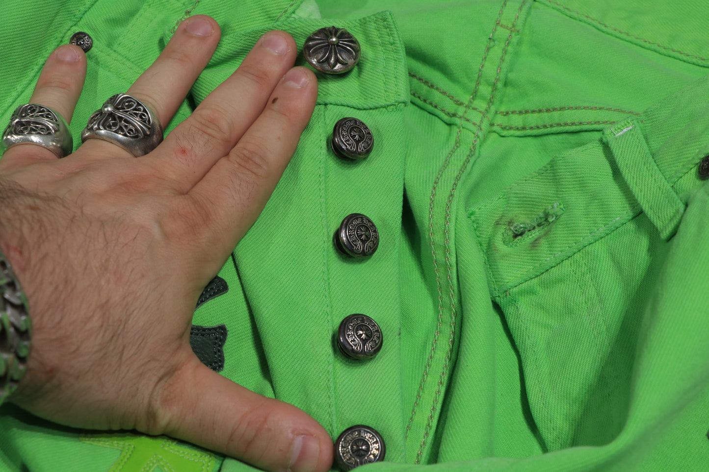 Chrome Hearts Matty Boy Sex Records Cross Patch Jeans Size 32 Neon Green Pre-Owned | AVNTGRDNY NYC