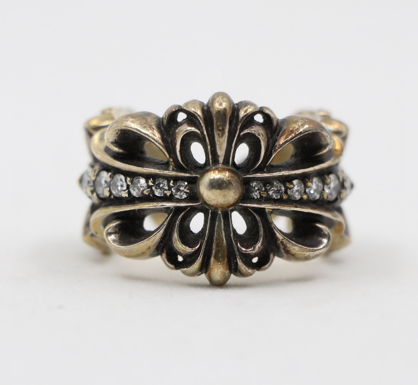 Chrome Hearts Silver Double Floral Ring with Pave Diamonds Size 9 | AVNTGRDNY NYC