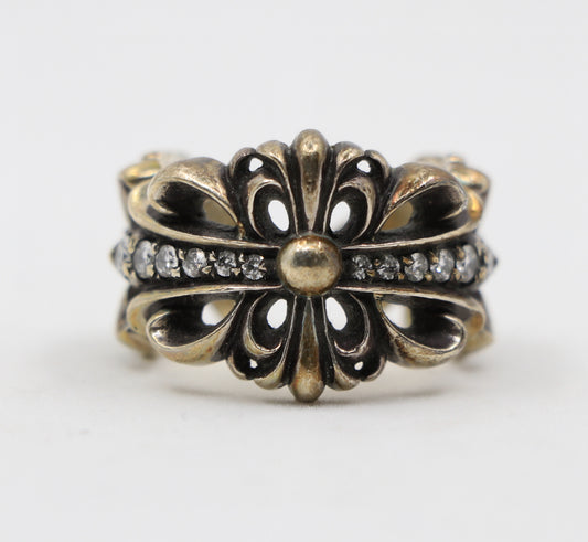 Chrome Hearts Silver Double Floral Ring with Pave Diamonds Size 9 | AVNTGRDNY NYC