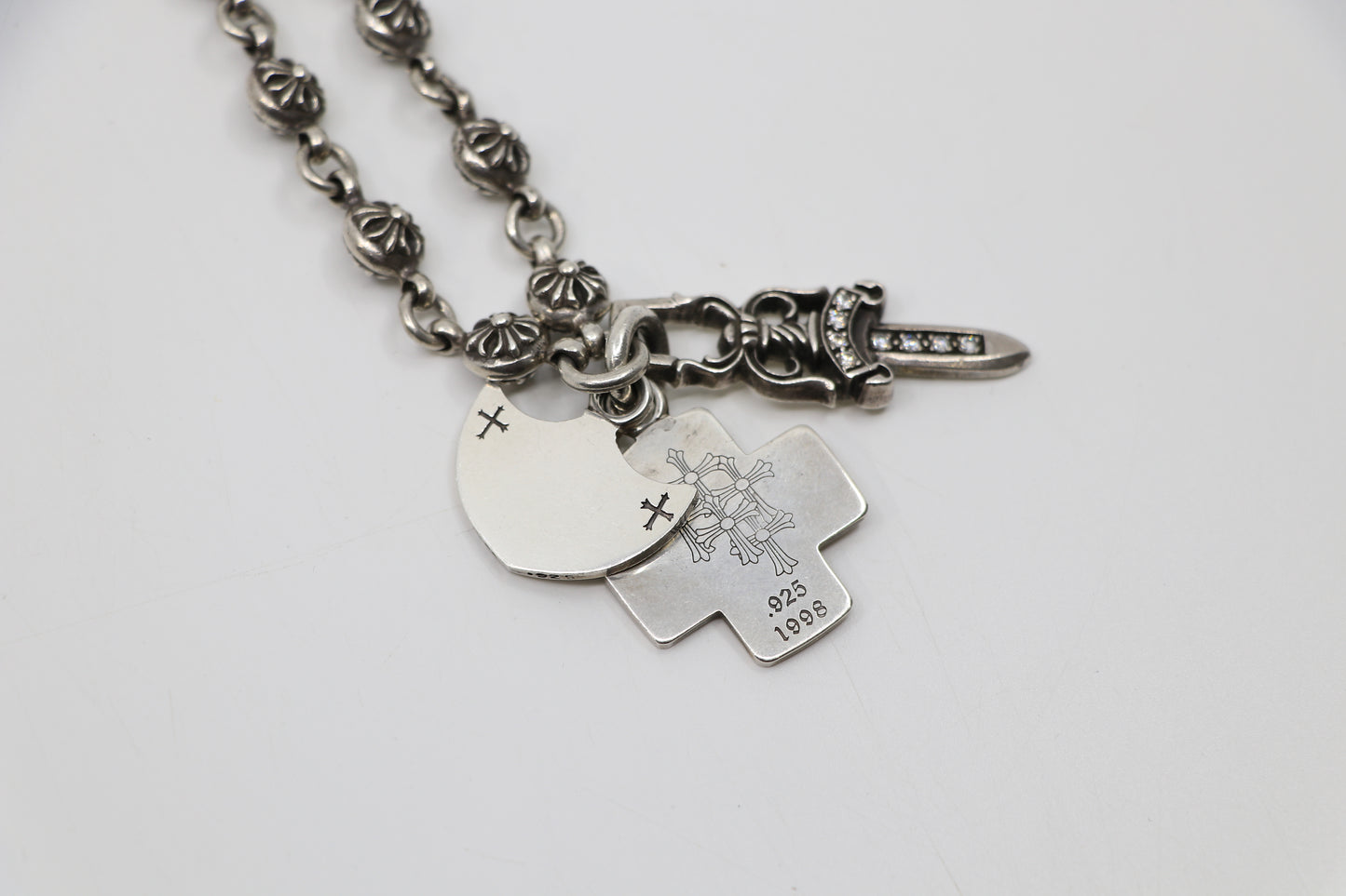 Chrome Hearts Cross Ball Chain with Multi Pendants Diamond Dagger, Cross, and Spade