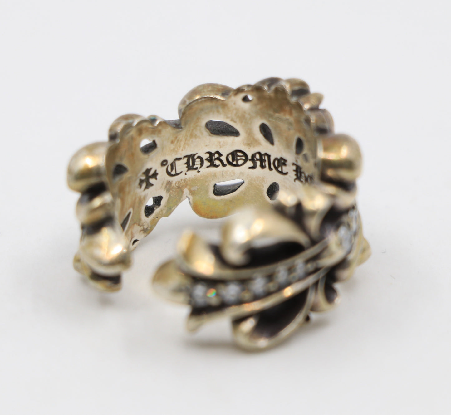 Chrome Hearts Silver Double Floral Ring with Pave Diamonds Size 9 | AVNTGRDNY NYC