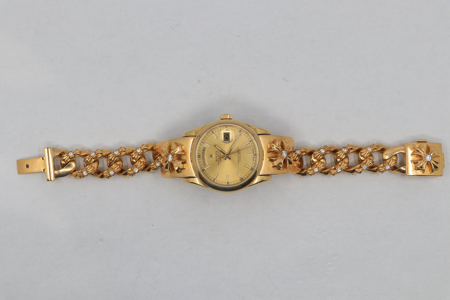 Rolex Day-Date on 22K Gold Chrome Hearts Extra Fancy Link Bracelet with Pavé Diamonds | AVNTGRDNY NYC
