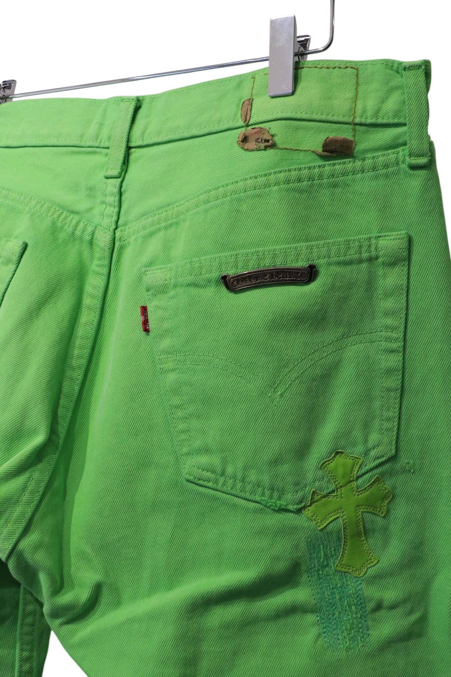 Chrome Hearts Matty Boy Sex Records Cross Patch Jeans Size 32 Neon Green Pre-Owned | AVNTGRDNY NYC