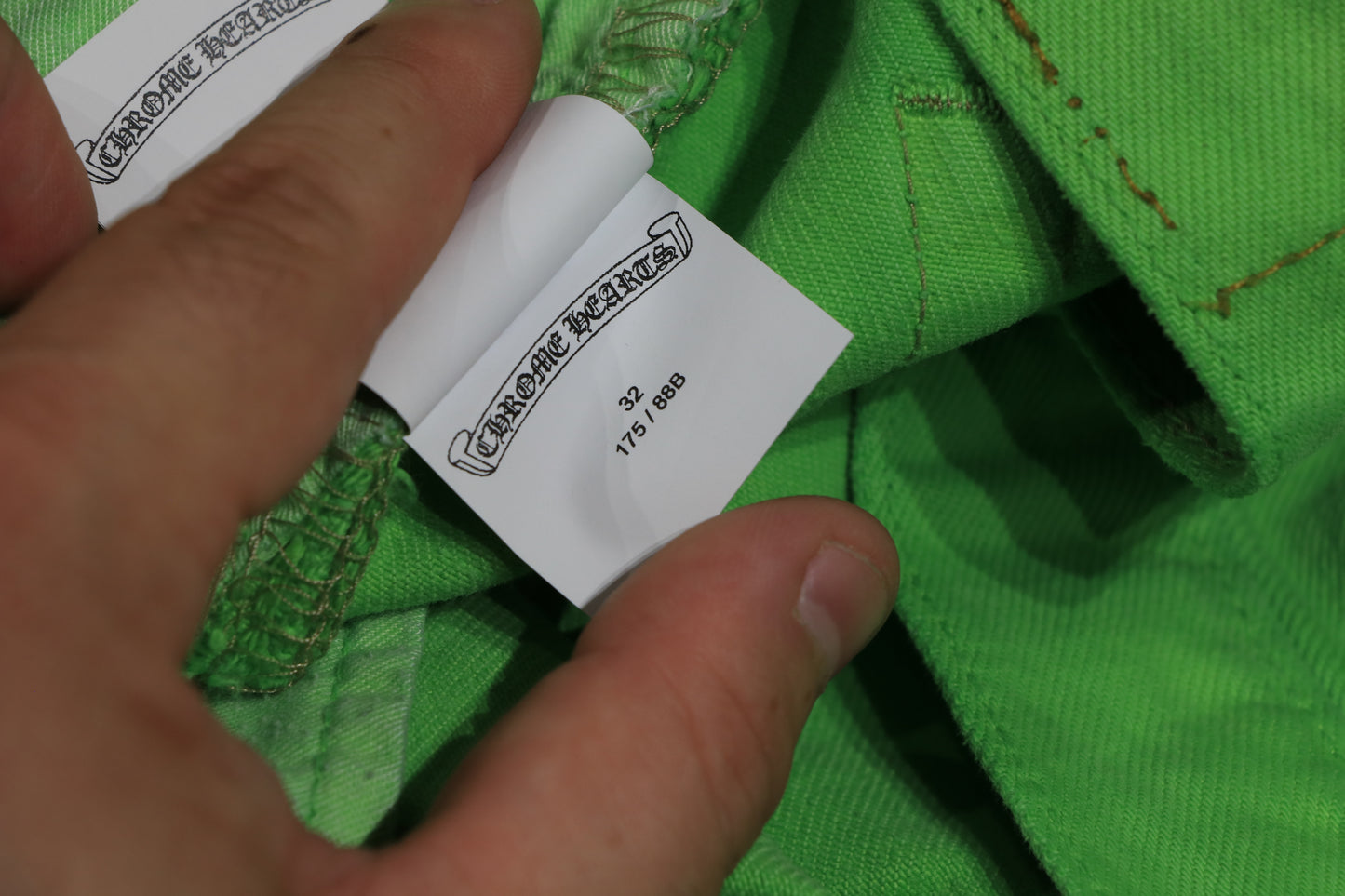 Chrome Hearts Matty Boy Sex Records Cross Patch Jeans Size 32 Neon Green Pre-Owned | AVNTGRDNY NYC
