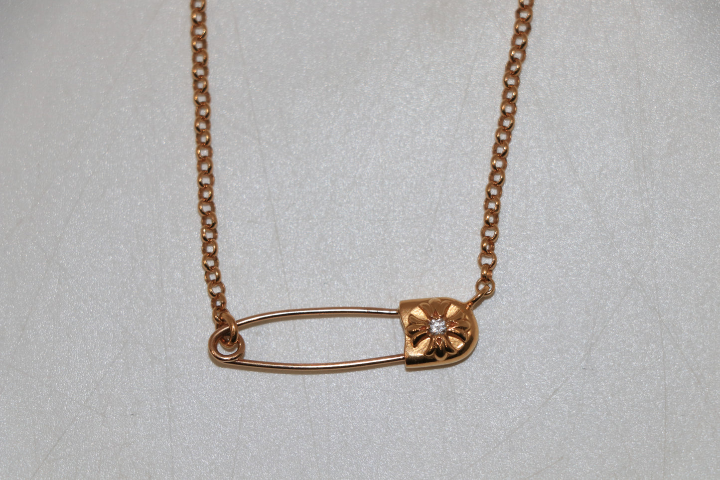 Chrome Hearts 22K Gold Safety Pin Necklace with Single Diamond on 18 Inch Roll Chain