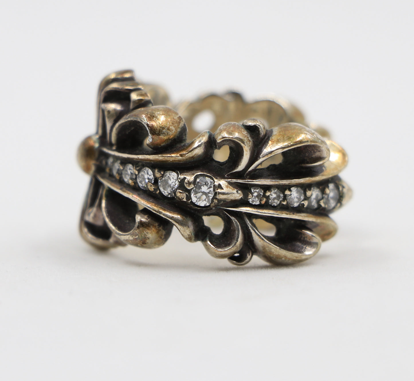 Chrome Hearts Silver Double Floral Ring with Pave Diamonds Size 9 | AVNTGRDNY NYC