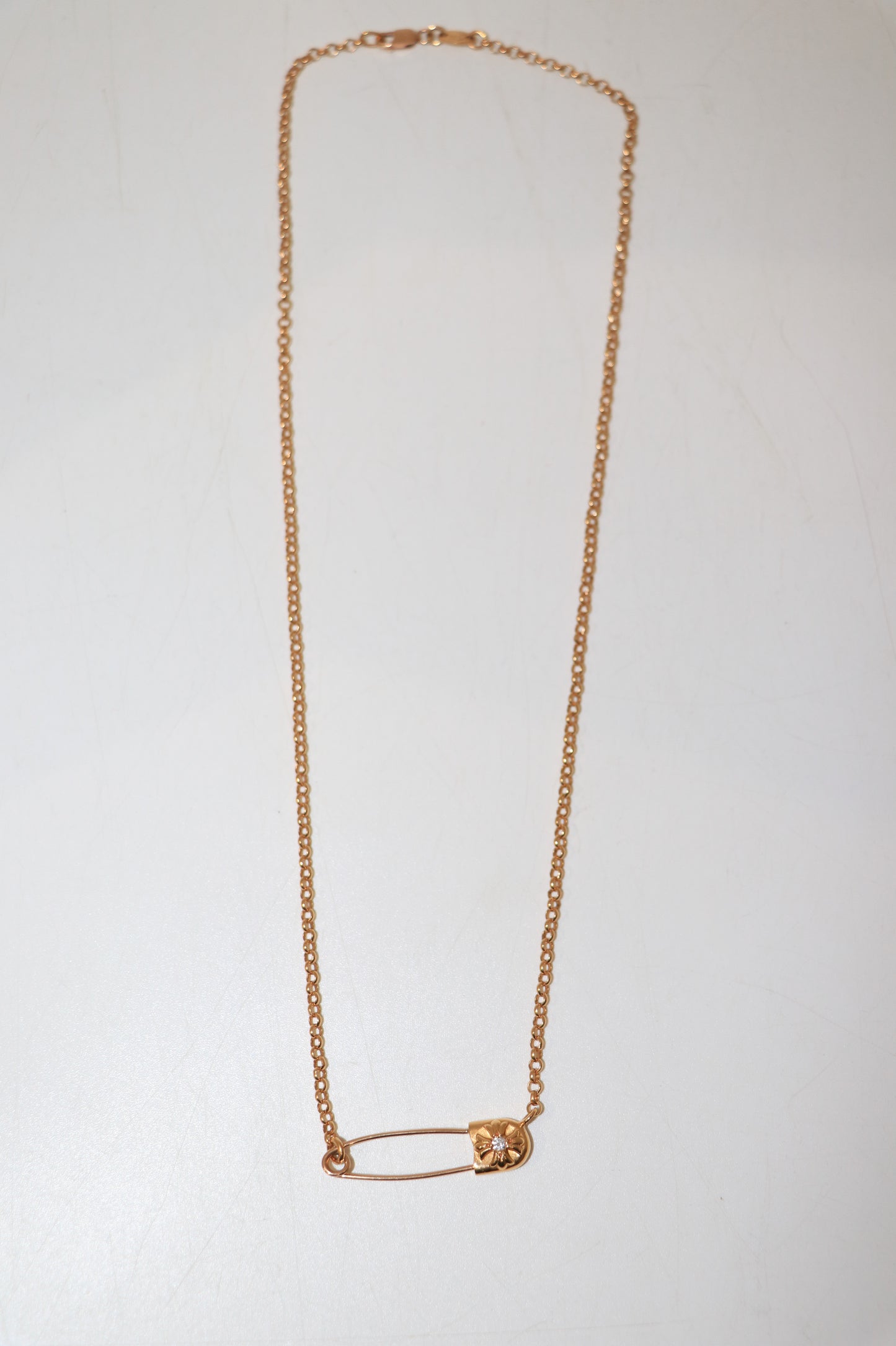 Chrome Hearts 22K Gold Safety Pin Necklace with Single Diamond on 18 Inch Roll Chain