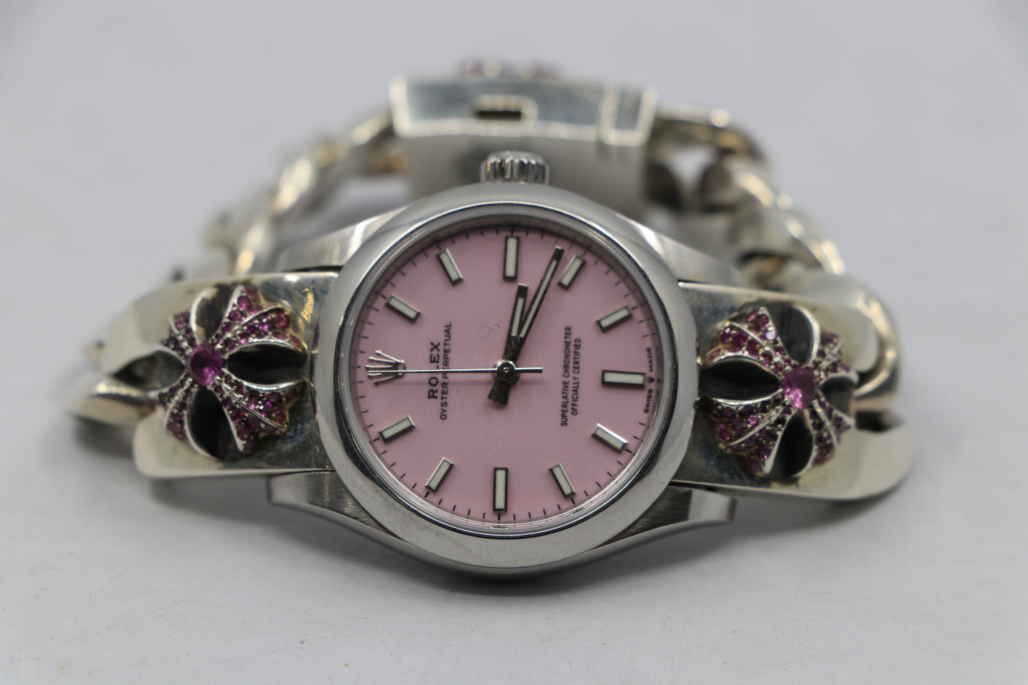Rolex Oyster Perpetual Pink Dial on Chrome Hearts .925 Sterling Silver Classic Link CH Plus Band with Pavé Pink Sapphires | AVNTGRDNY NYC