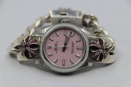 Rolex Oyster Perpetual Pink Dial on Chrome Hearts .925 Sterling Silver Classic Link CH Plus Band with Pavé Pink Sapphires | AVNTGRDNY NYC