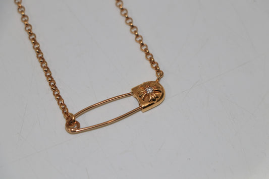 Chrome Hearts 22K Gold Safety Pin Necklace with Single Diamond on 18 Inch Roll Chain