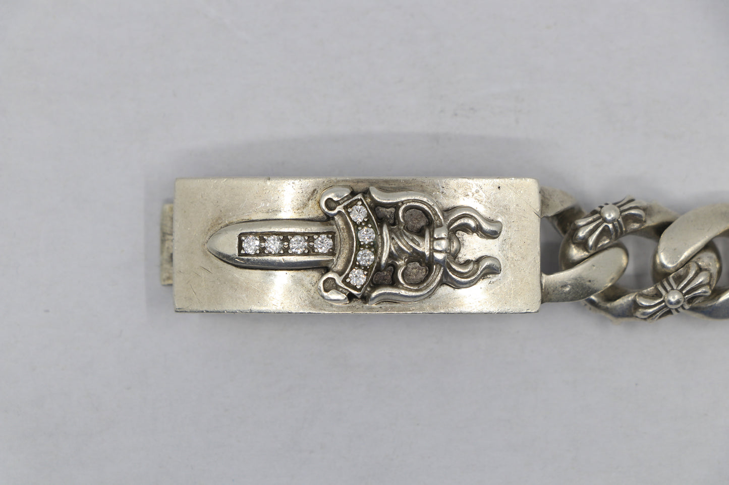 Chrome Hearts Dagger ID Fancy Link Bracelet Sterling Silver with Factory Pavé Diamonds | AVNTGRDNY NYC