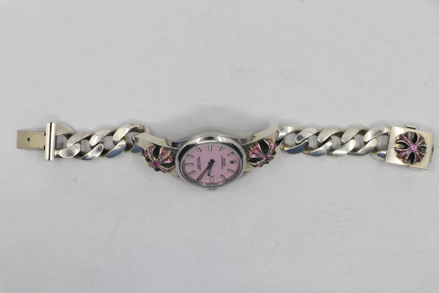 Rolex Oyster Perpetual Pink Dial on Chrome Hearts .925 Sterling Silver Classic Link CH Plus Band with Pavé Pink Sapphires | AVNTGRDNY NYC