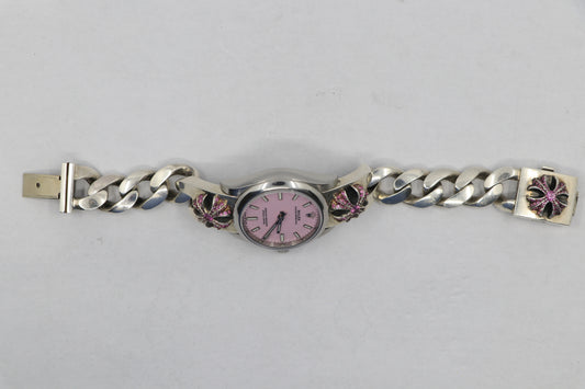 Rolex Oyster Perpetual Pink Dial on Chrome Hearts .925 Sterling Silver Classic Link CH Plus Band with Pavé Pink Sapphires | AVNTGRDNY NYC