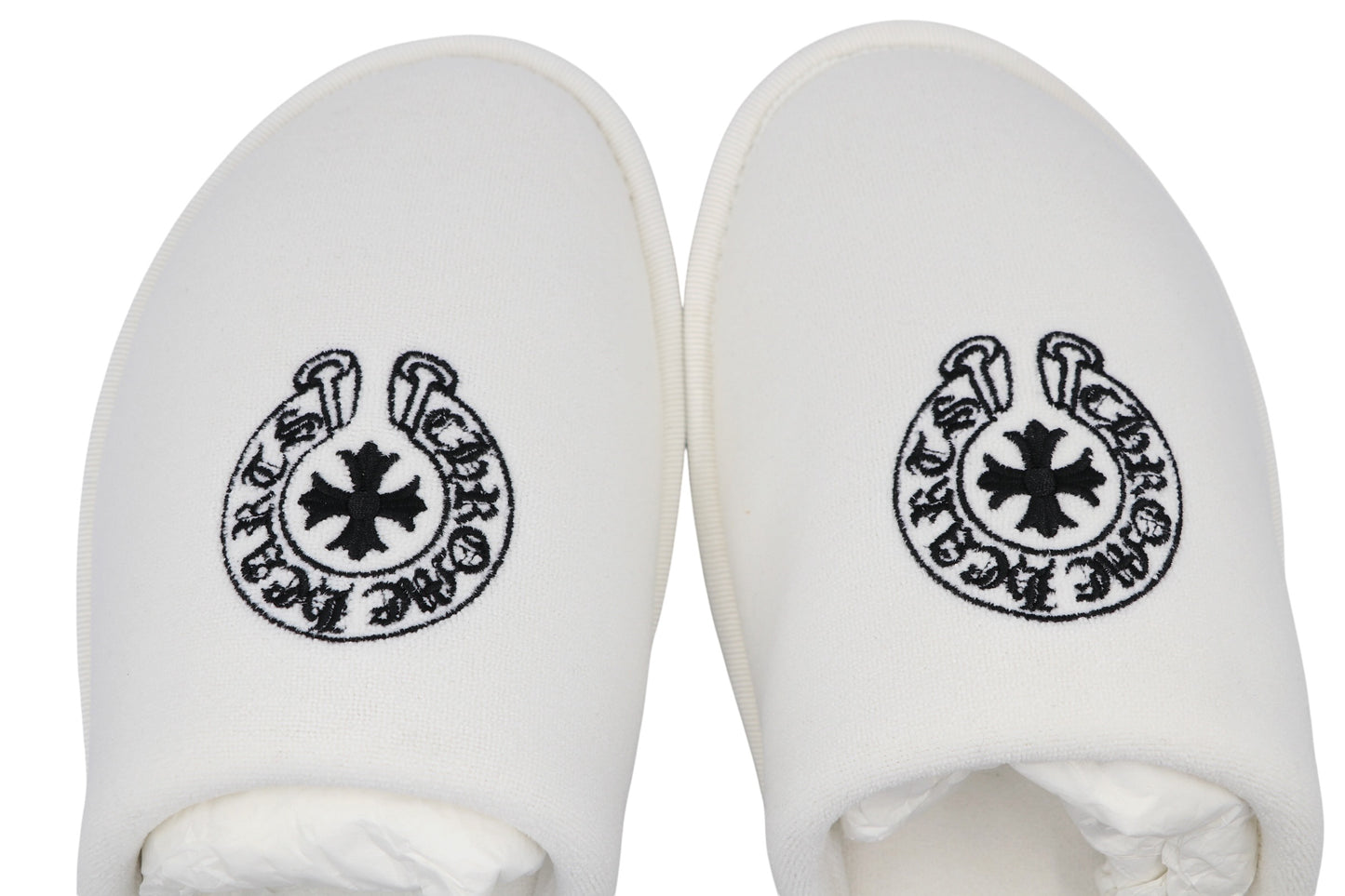 Chrome Hearts Horseshoe Embroidered Slippers White Size L| AVNTGRDNY NYC