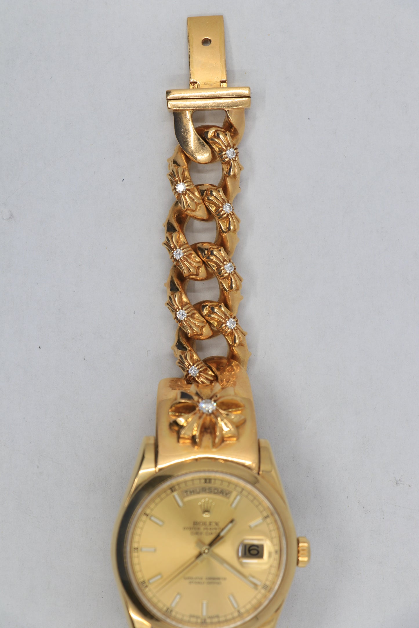 Rolex Day-Date on 22K Gold Chrome Hearts Extra Fancy Link Bracelet with Pavé Diamonds | AVNTGRDNY NYC