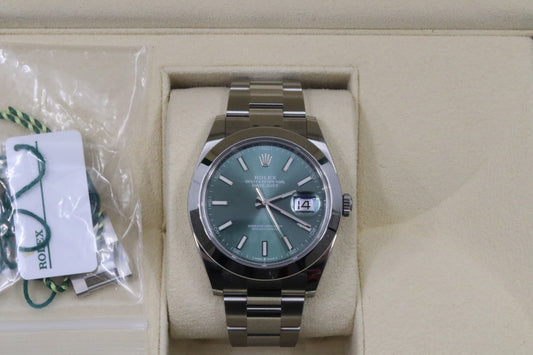 Rolex Date Just 41mm Stainless Steel Mint Green Index Dial Smooth Bezel Oyster Bracelet 126300