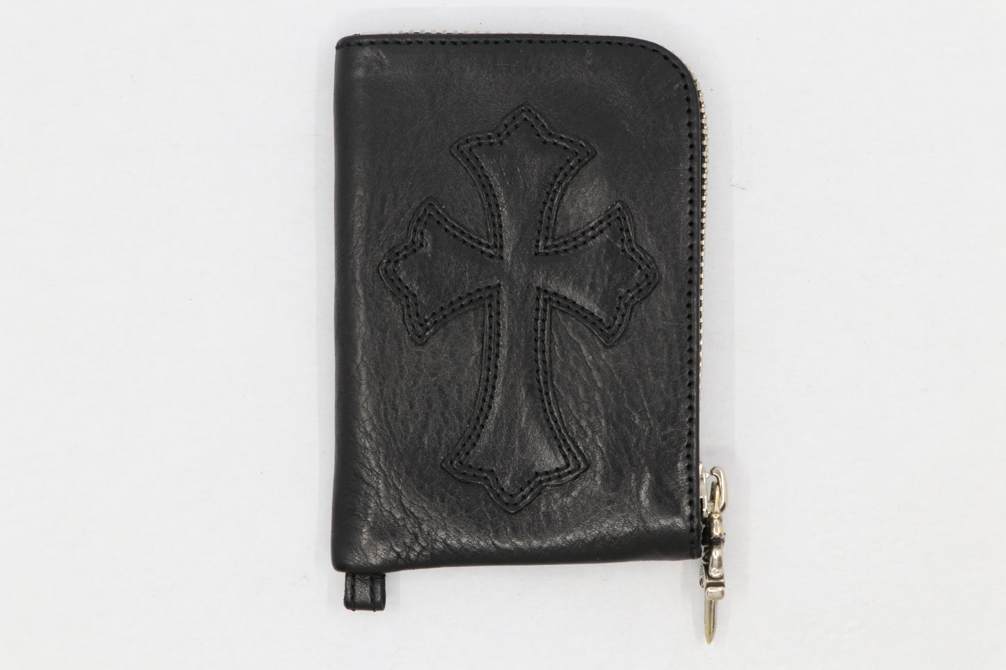 Chrome Hearts Black Leather Cross Patch Silver Scroll Label Zipper Wallet| AVNTGRDNY NYC