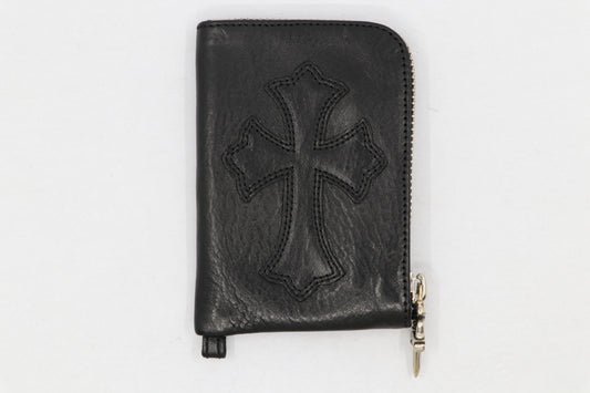 Chrome Hearts Black Leather Cross Patch Silver Scroll Label Zipper Wallet| AVNTGRDNY NYC