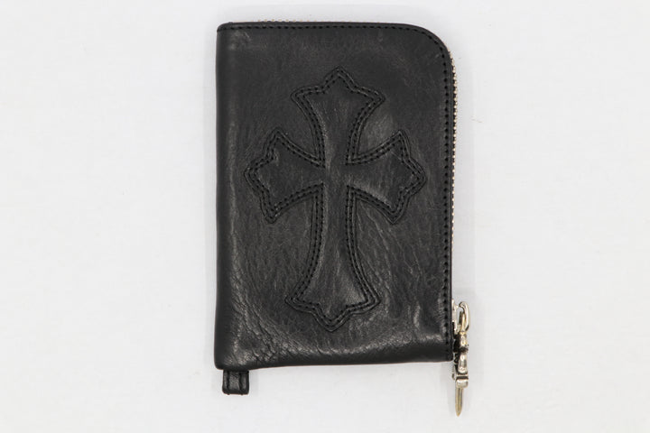 Chrome Hearts Black Leather Cross Patch Silver Scroll Label Zipper Wallet| AVNTGRDNY NYC