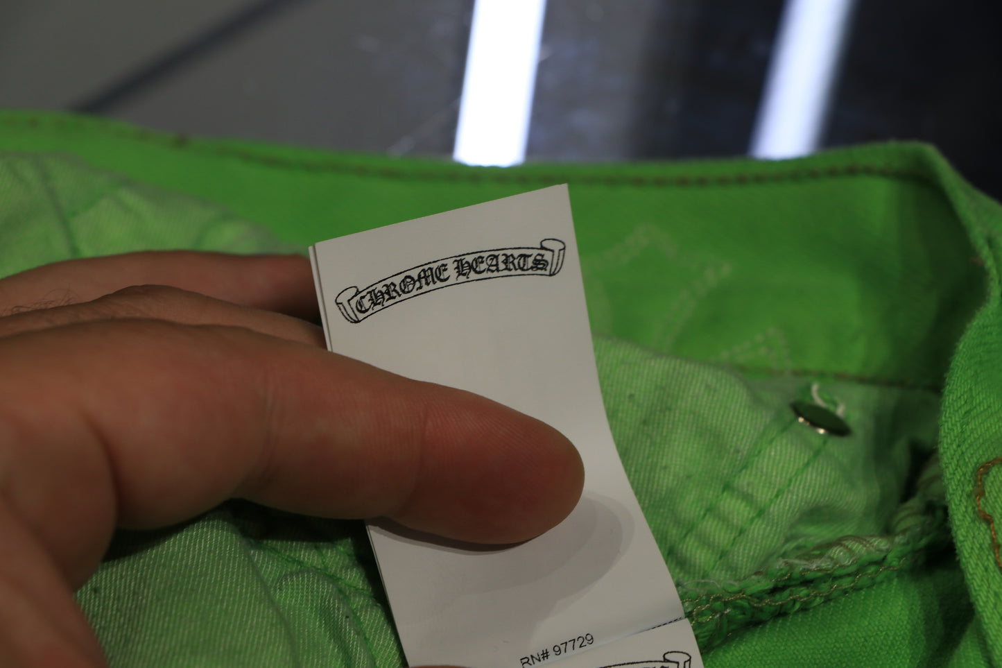 Chrome Hearts Matty Boy Sex Records Cross Patch Jeans Size 32 Neon Green Pre-Owned | AVNTGRDNY NYC