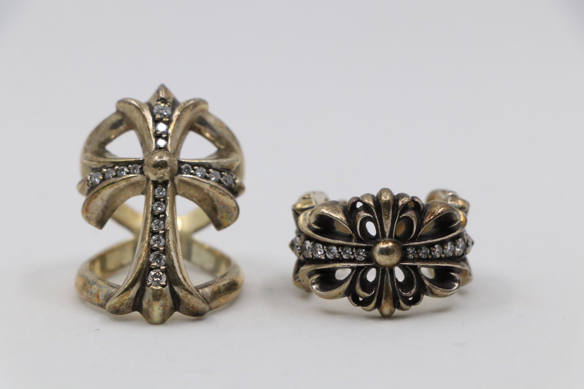 Chrome Hearts .925 sterling silver Infinity Ring with pavé diamonds and Double Floral Ring with pavé diamonds
