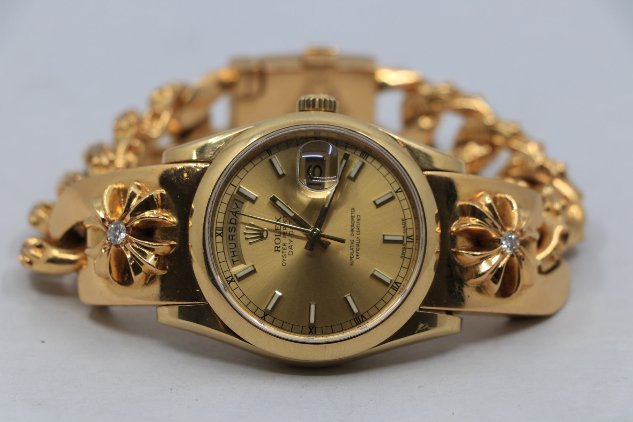 Gold Rolex Day-Date on Chrome Hearts 22K gold band with pavé diamonds