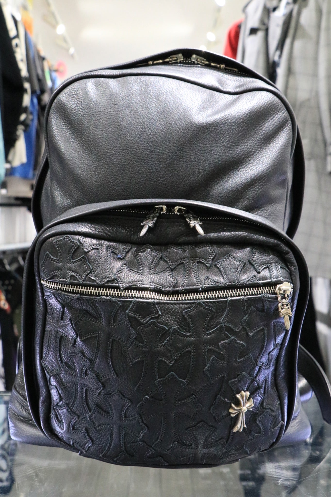 Chrome Hearts leather flooded 7th Grade backpack with .925 silver small cross